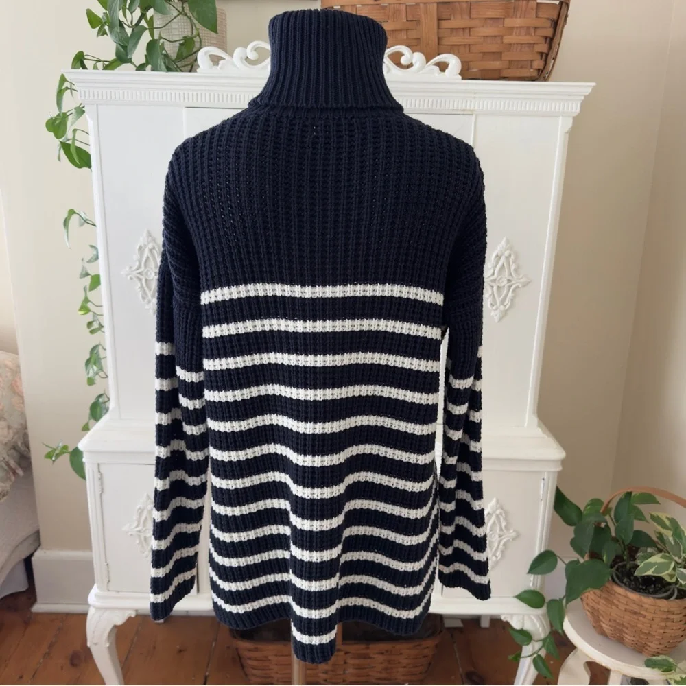 Faithfull The Brand Erika Navy and White Striped Cotton Turtleneck Sweater